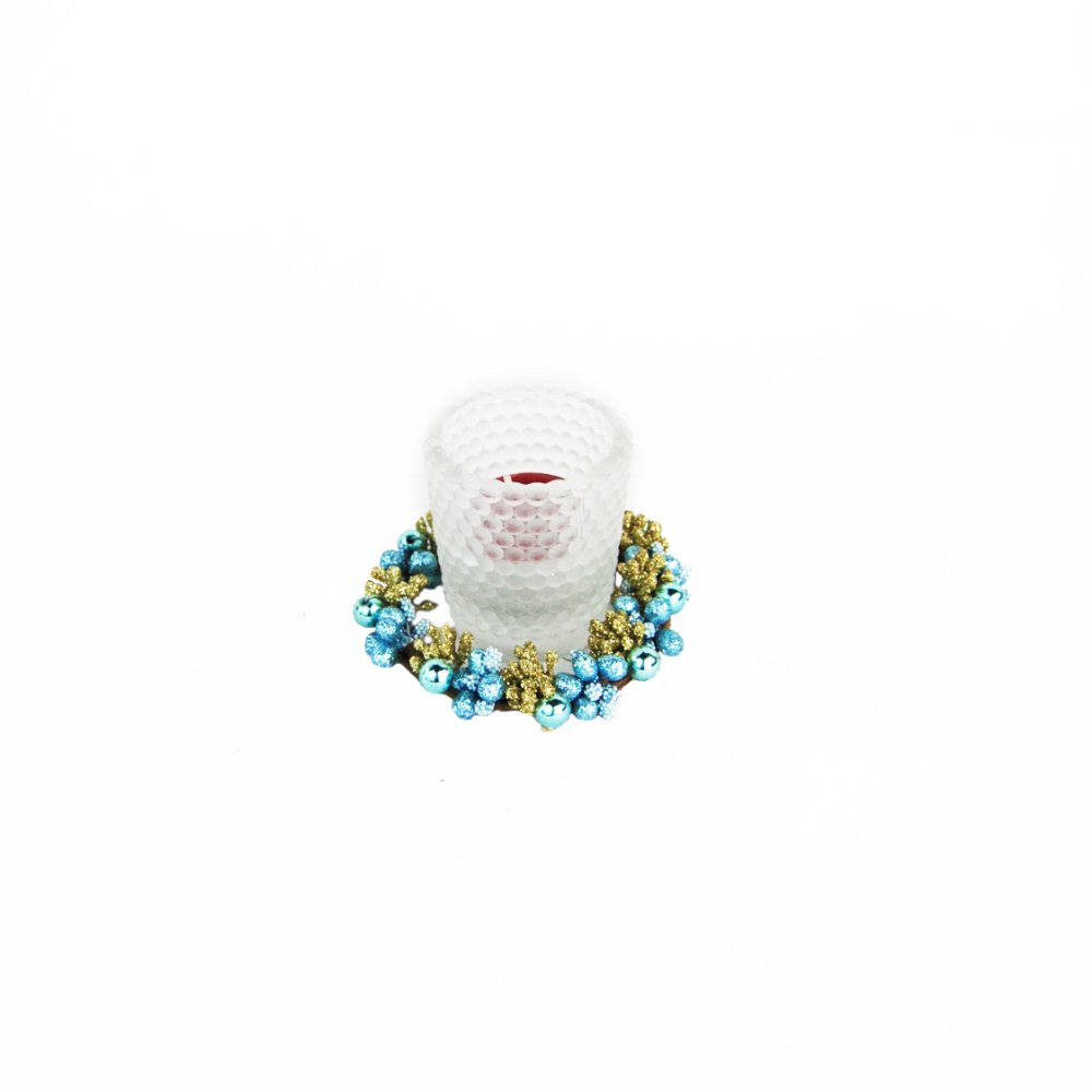 CANDLE RING 8cm GLITT. BLUE/GOLD BERRY