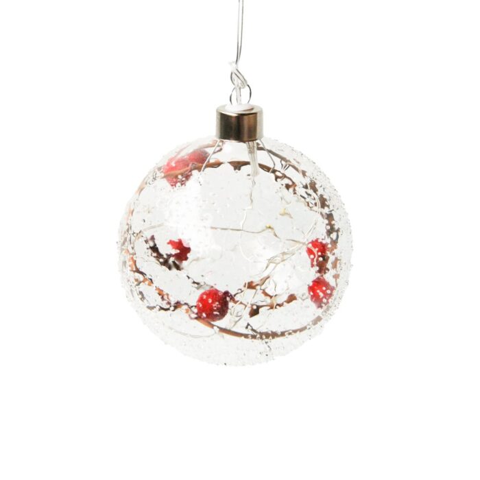 HANG.GLASS LED BALL w/RED BERRY