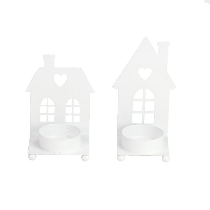 S/2 WHITE METAL HOUSE T-LIGHT HOLDERS