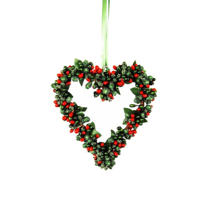 HANG. RED/GREEN BERRYBUD HEART 14cm