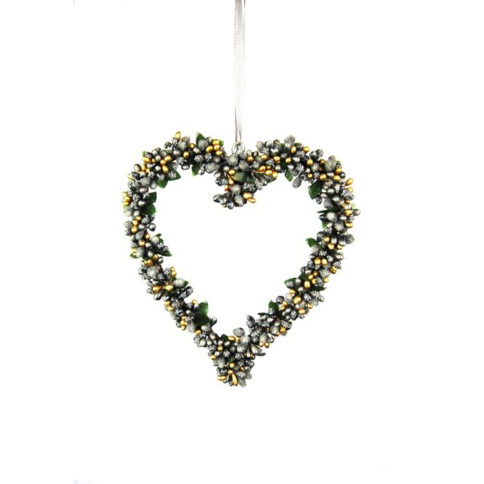 HANG. GREEN/GOLD BERRYBUD HEART 20cm