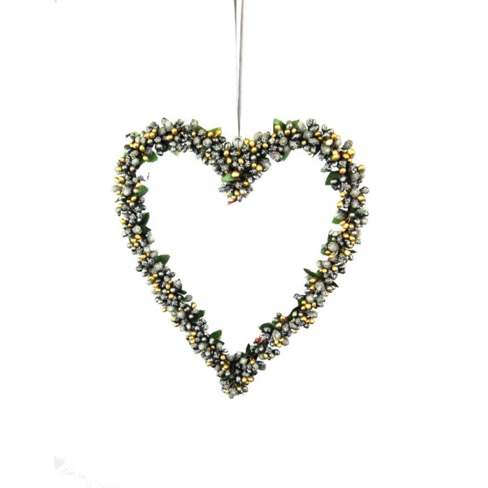 HANG. GREEN/GOLD BERRYBUD HEART 25cm
