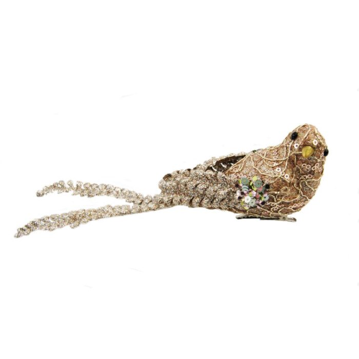 BRONZE BIRD ON CLIP w/LONG LEAF TAIL