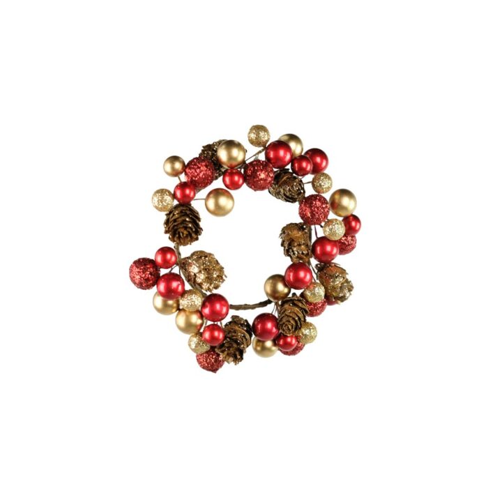 RED/GOLD/PINECONE BAUBLE CANDLE RING 6cm