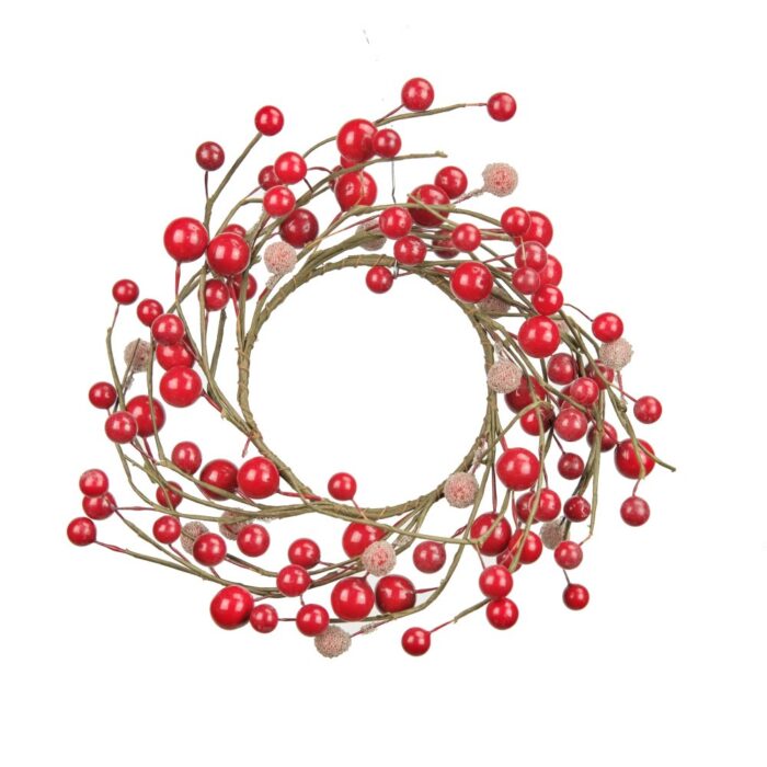 CANDLE RING RED BERRY/PART FROSTED 9cm