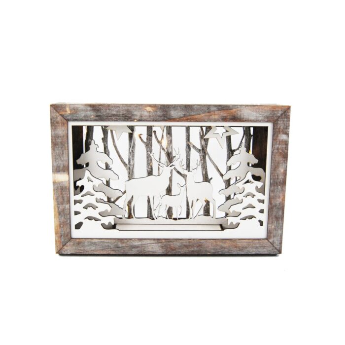 28cm GREY WOOD LED DEER SCENE