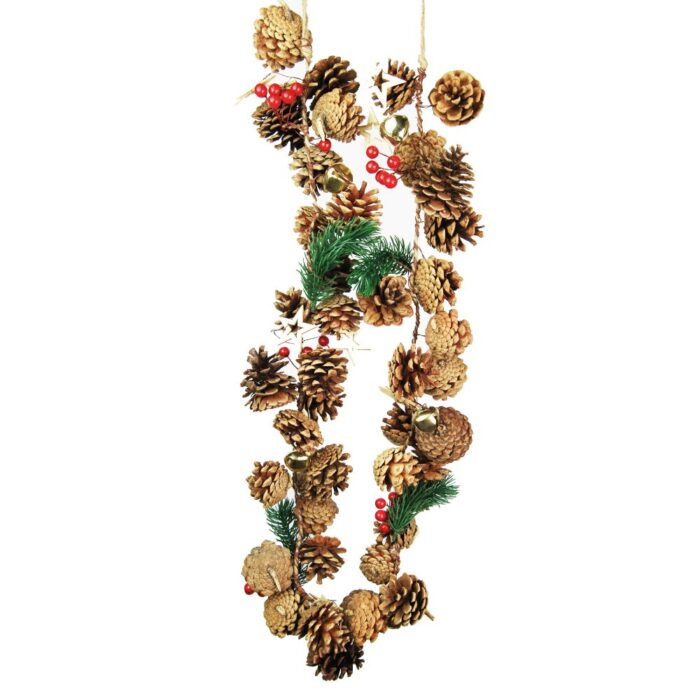 150cm NATURAL PINECONE/RED BERRY GARLAND w/BELLS